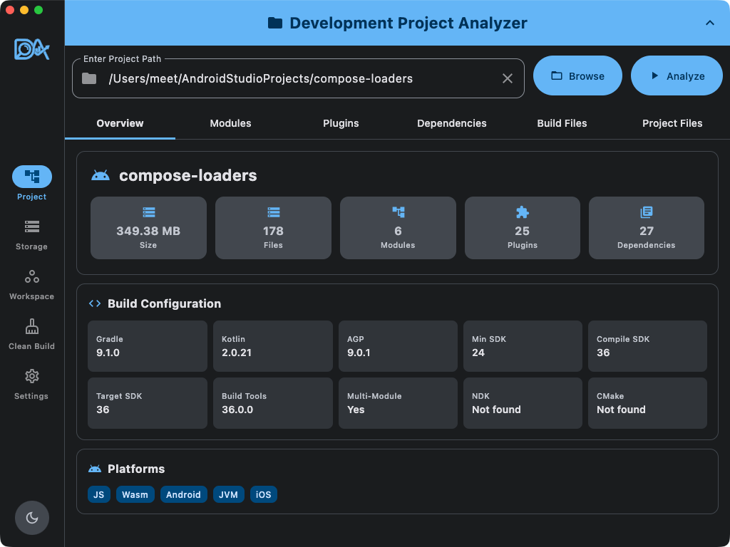 DevAnalyzer project overview tab