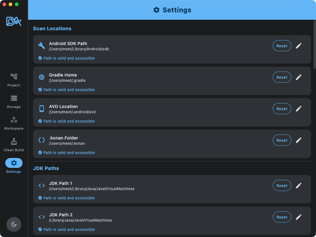 Settings screen with scan locations and JDK version