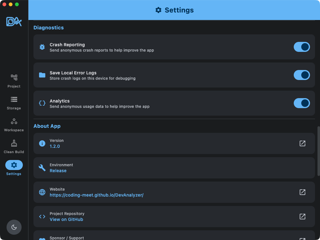 DevAnalyzer privacy settings and diagnostics switches