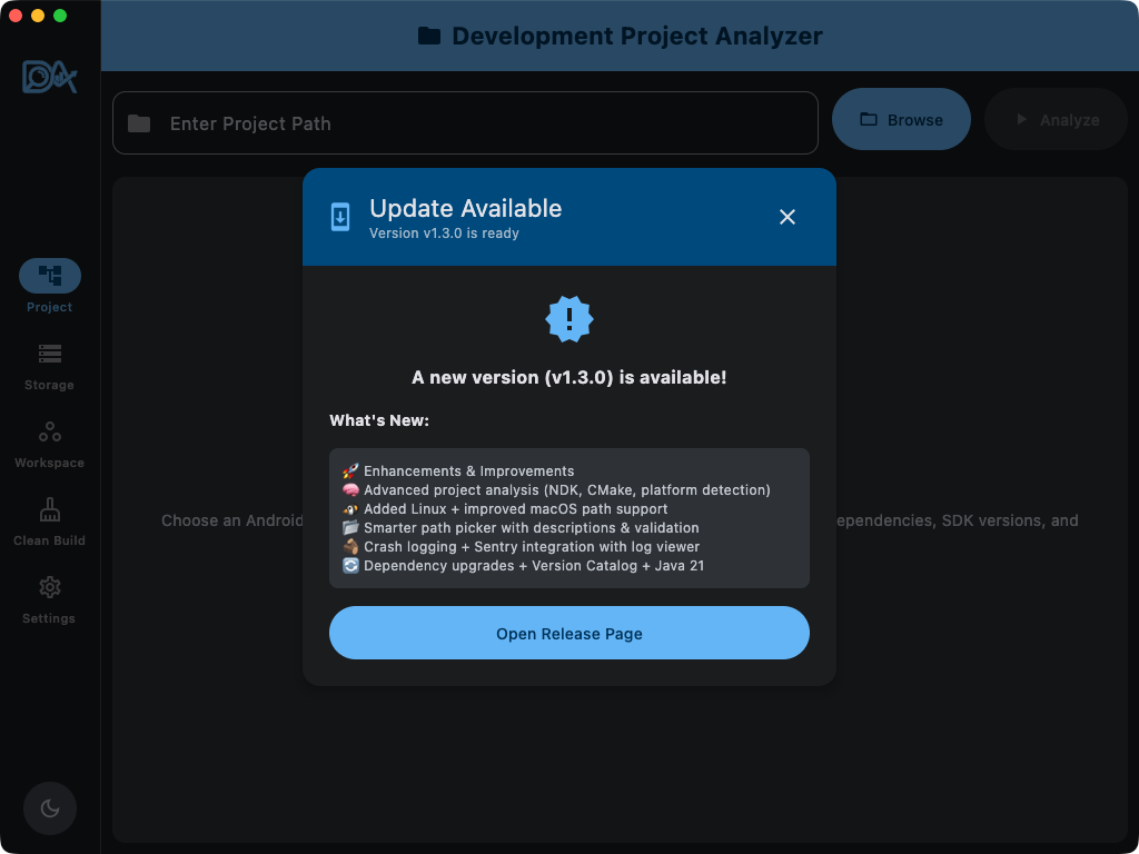 DevAnalyzer update dialog