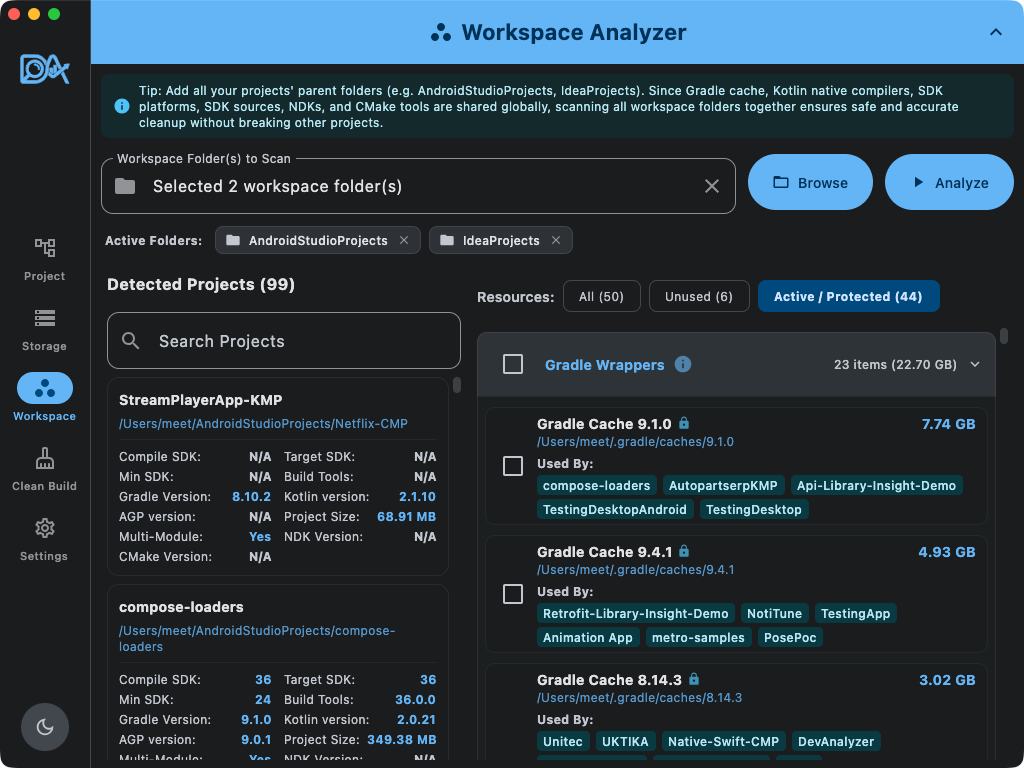 Workspace analyzer active resource list