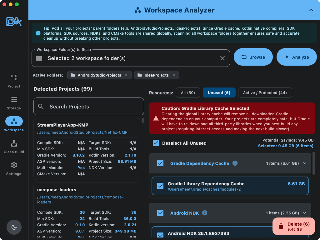 Workspace unused resource selection